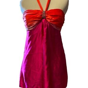 Cache 100% silk halter top with rhinestones and padding, hot pink and orange